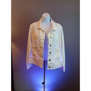 Chicos Platinum Denim Jacket Womens Sz 1 White Jean Ladies Long Sleeves, EUC